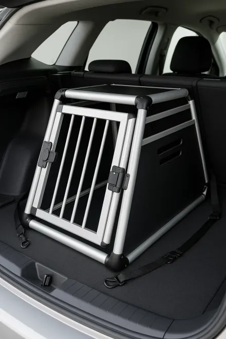 Geprüfte Aluminium-Transportbox fürs Auto mit Hund im Inneren