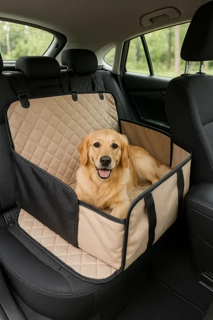 Hund in Transportbox fürs Auto
