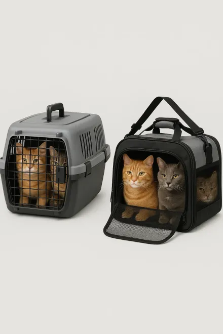 Geöffnete Doppel-Transportbox mit Innen-Trenner für Katzen