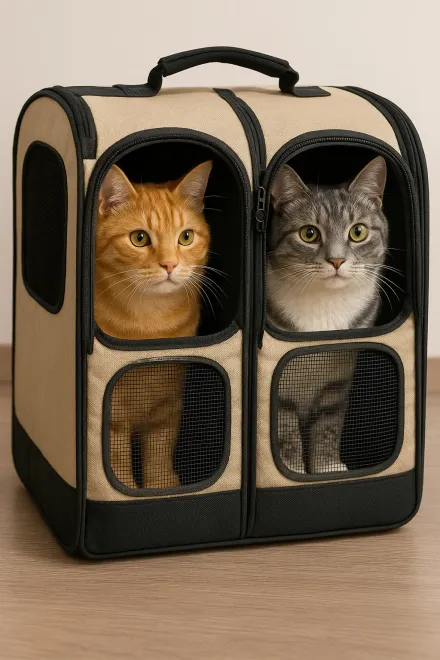 Ausgestellte, unterschiedliche Doppel-Transportboxen für Katzen