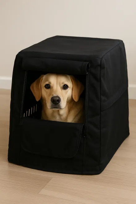 Hund in Transportbox mit Schutzhülle