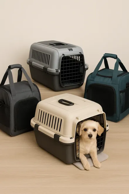 Kleiner Hund in einer Reise-Transportbox