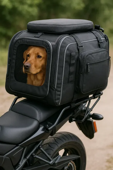 Motorrad mit Hundebox am Heck