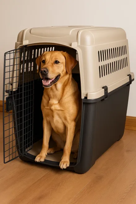 Großer Hund sicher in Transportbox auf Reise
