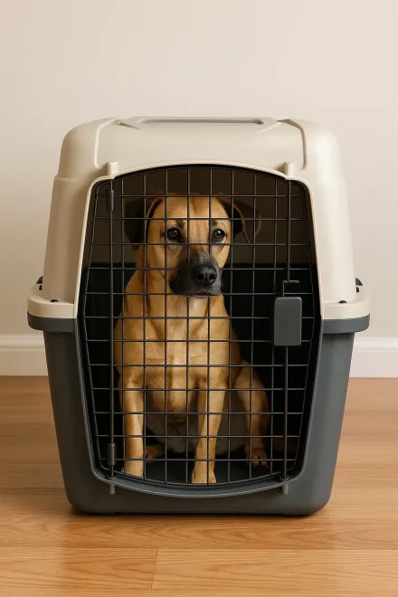Mittelgroßer Hund in Transportbox fürs Auto