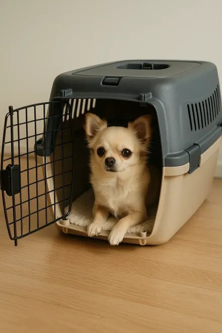 Kleiner Hund in einer bequemen Transportbox