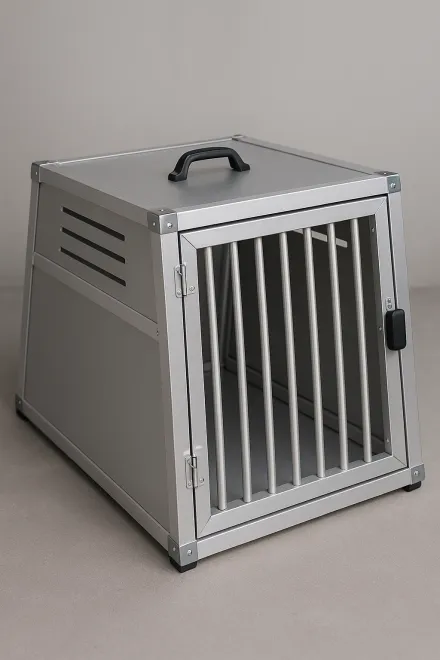 Hund in einer Aluminium Hundebox im Auto