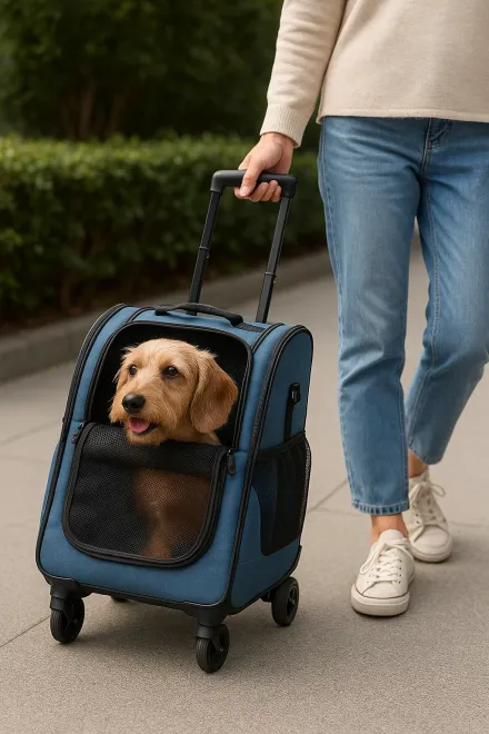 Hund in einer Transportbox mit Rollen
