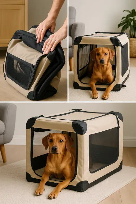 Hund ruht in einer faltbaren Transportbox
