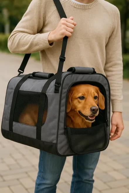 Kleiner Hund in bequemer Stoff-Transportbox